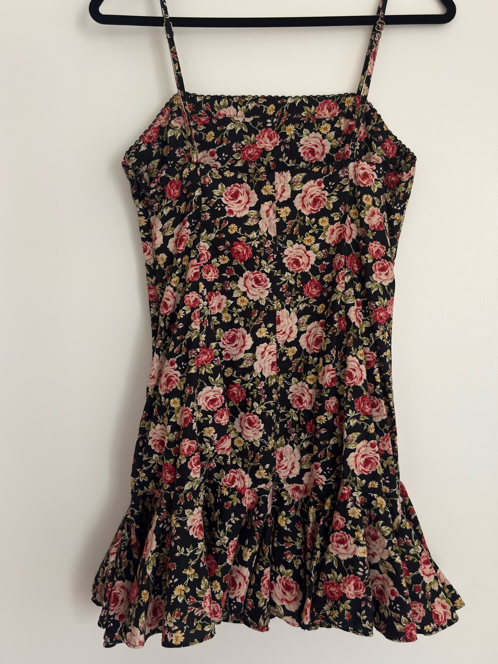 Mable Black Floral Midi Slip Dress with Pink Roses